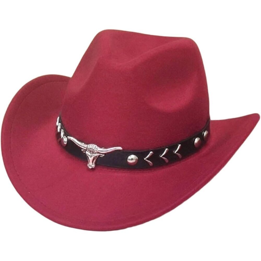 Unisex Red Wine 100% Polyester Bull Skull Band Classic Fedora Felt Cowboy Hat